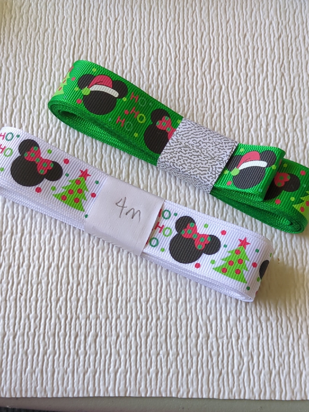 🎂Disney Holiday Mickey & Minnie Ears Grosgrain Ribbons — Green & White- 4m each